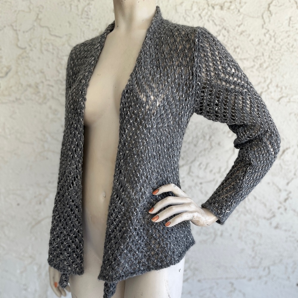 EILEEN FISHER Cardigan Sweater Gray Wool Alpaca Blend Open Knit Crochet Size S